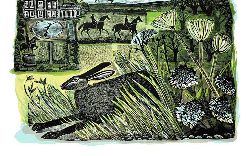 Linosnede met een haas die wegrent uit het gras op de voorgrond. Bovenin het beeld zijn een groot huis en paarden te zien.