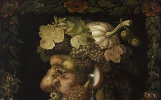 Portret van een man dat bestaat uit allerlei soorten fruit en groenten.