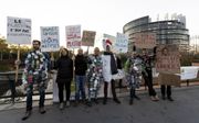 Anti-plasticbetogers dinsdag bij het Europese Parlement.  beeld EPA, Patrick Seeger