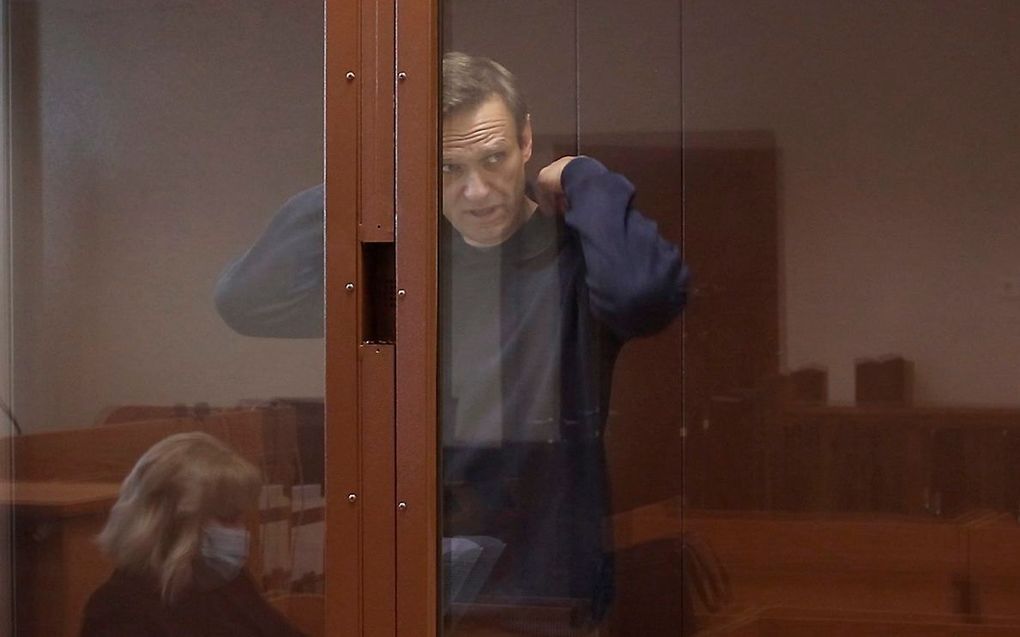 Navalny in de rechtbank in Moskou, dinsdag. beeld EPA