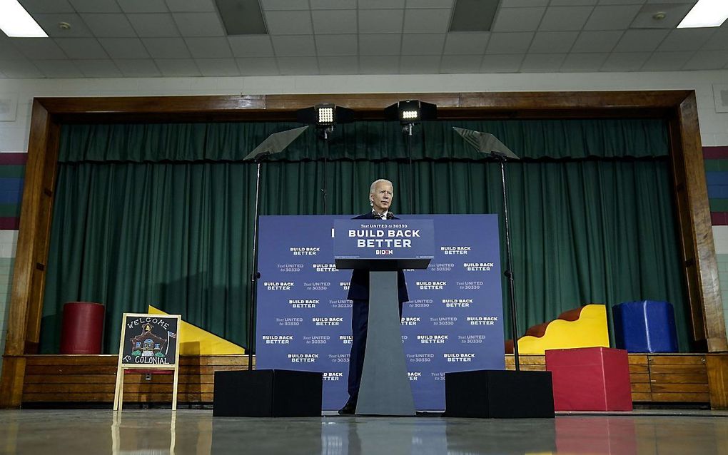 De Democratische presidentskandidaat Joe Biden spreekt op een campagebijeenkomst in New Castle, Delaware. beeld AFP