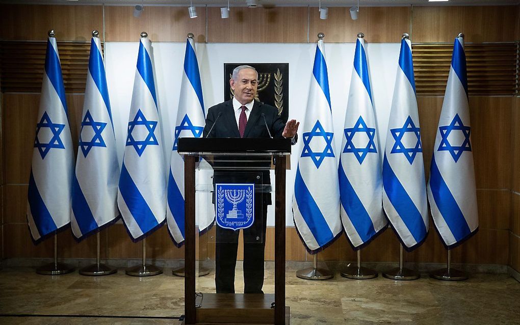 Premier Nethanyahu legt een verklaring af in de Knesset. beeld EPA/Yonatan Sindel