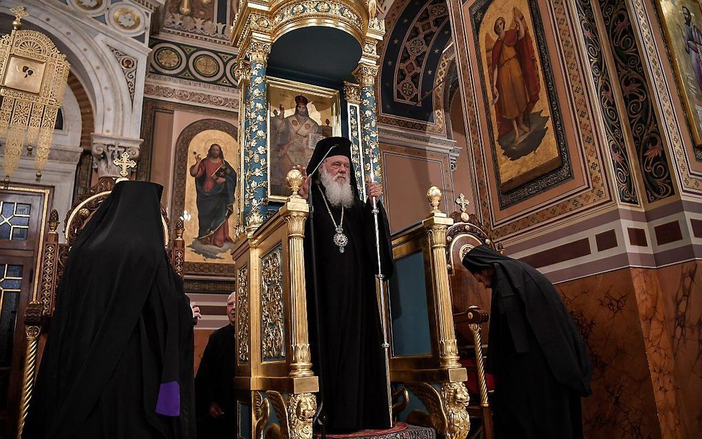 Het hoofd van de Grieks-Orthodoxe Kerk, aartsbisschop Ieronymos. Beeld AFP, Louisa Gouliamak