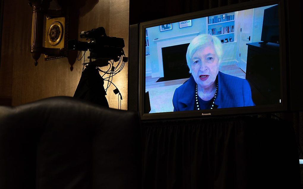 Janet Yellen, de beoogde nieuwe Amerikaanse minister van Financiën, spreekt met een commissie van de Senaat. beeld AFP, Anna Moneymaker