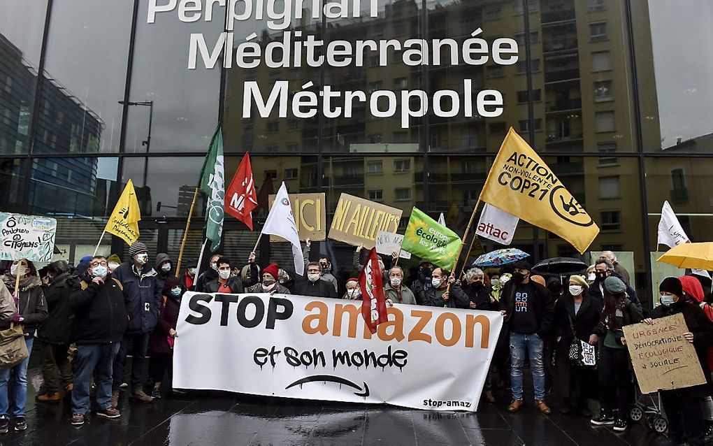 Protest tegen Amazon in Perpignan. beeld AFP, Raymond Roig