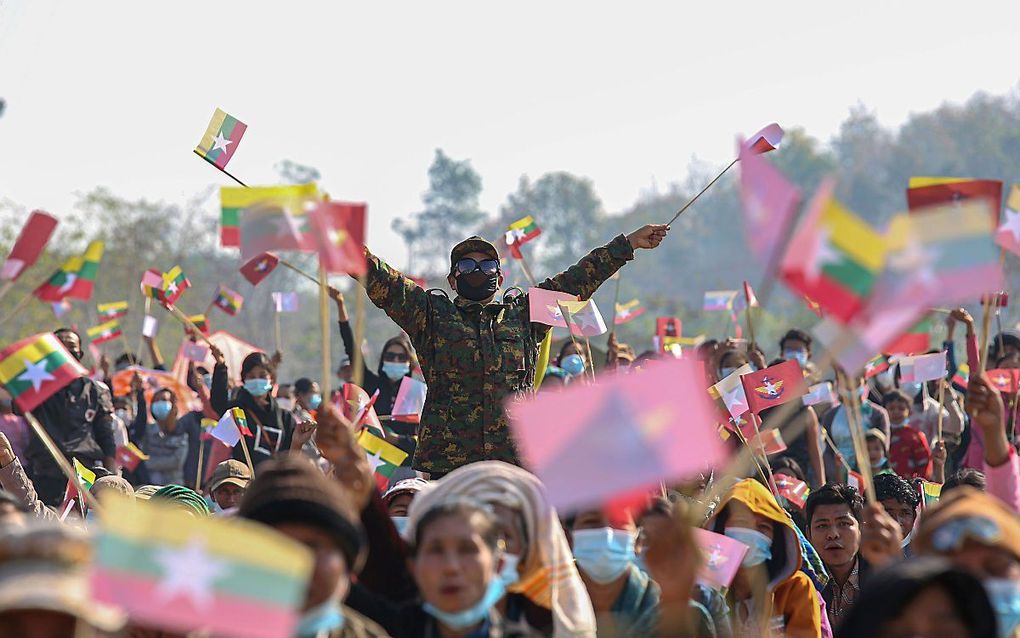 Betogingen in Myanmar, donderdag. beeld AFP