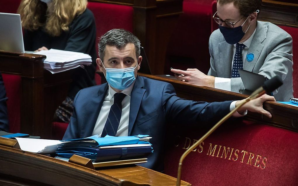 De Franse minister van Binnenlandse Zaken, Gerarld Darmanin, maandag in het Franse parlement. beeld EPA, Christophe Petit Tesson