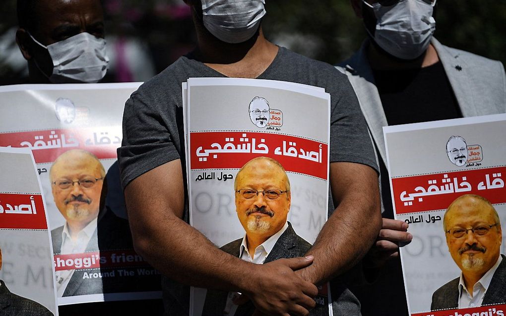 Protest twee jaar na de moord op Khashoggi. beeld AFP, Ozan KOSE