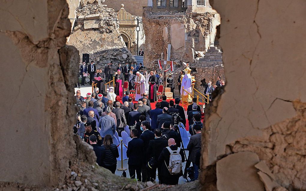 De paus bezoekt een verwoeste kerk in Mosul, Irak. beeld AFP, Zaid AL-OBEIDI