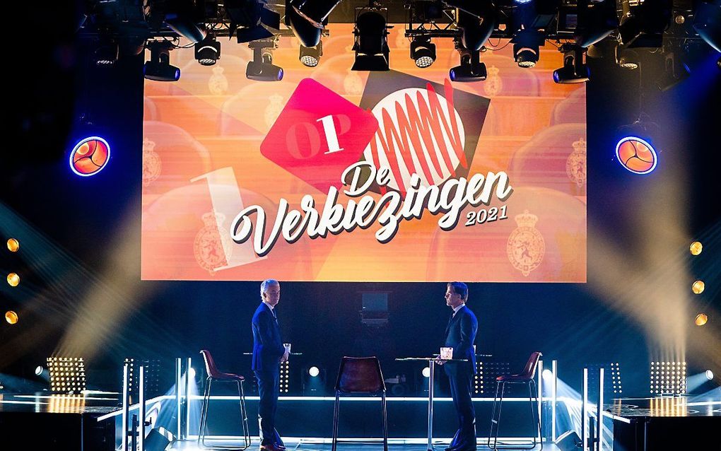 „Iedere gebeurtenis, ook de verkiezingen van 2021, is een stukje gepland plaveisel van de door God ontworpen weg naar de wederkomst.” Foto: lijsttrekkersdebat vanuit de Melkweg in Amsterdam. beeld ANP, Bart Maat