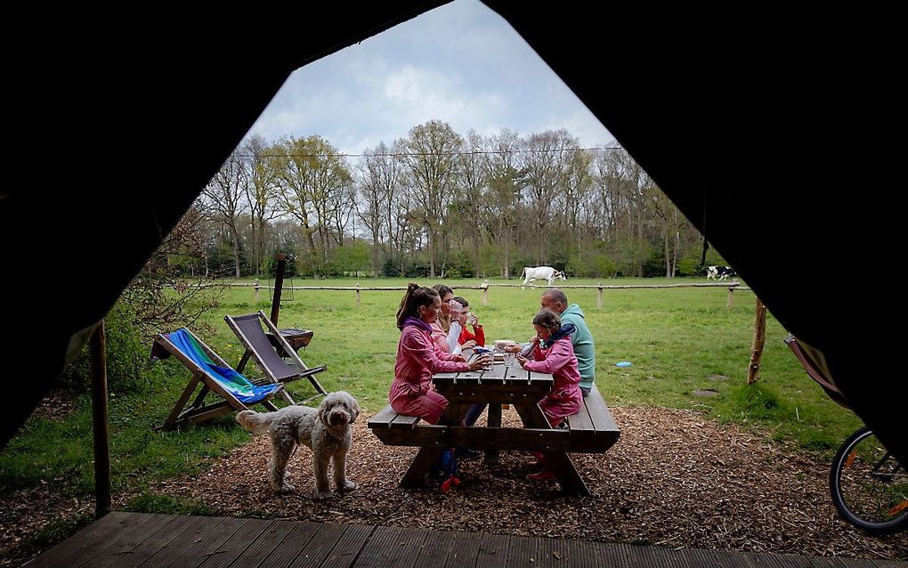 Een gezin kampeert bij boerin Thea bij Boerenbed op Landgoed Volenbeek. Omdat vakantie in het buitenland voorlopig vanwege de coronamaatregelen de nodige voeten in de aarde heeft, is er veel vraag naar vakanties in eigen land. beeld ANP, Robin van Lonkhuijsen