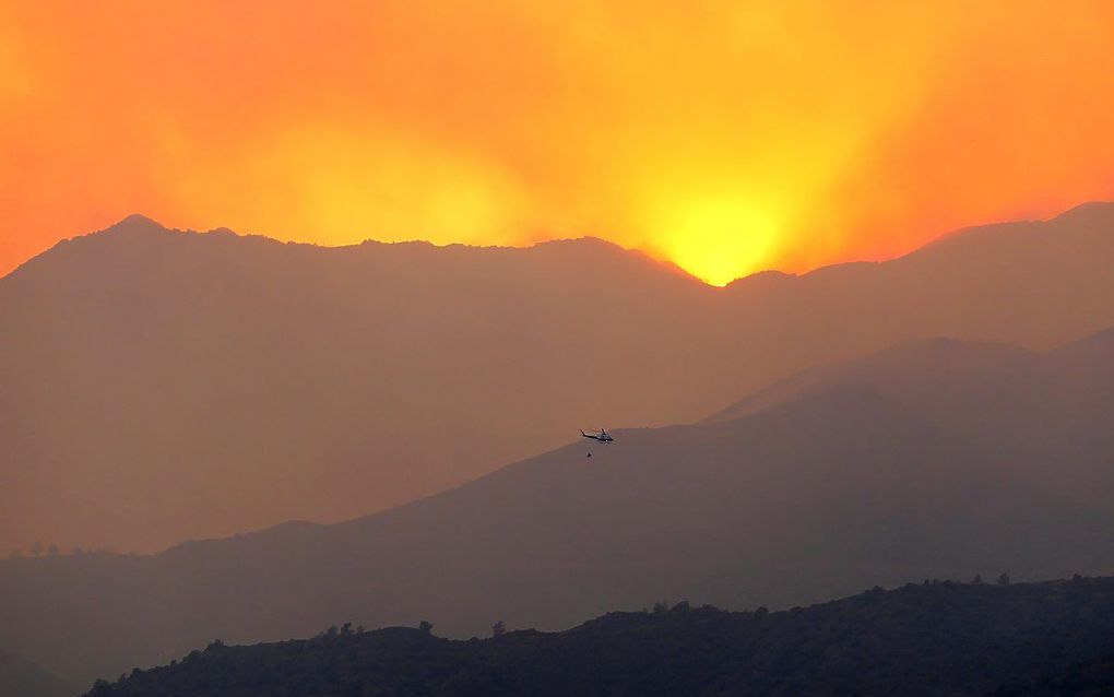 Een helikopter boven een bosbrand in de bergachtige regio Larnaca op Cyprus. beeld EPA, KATIA CHRISTODOULOU