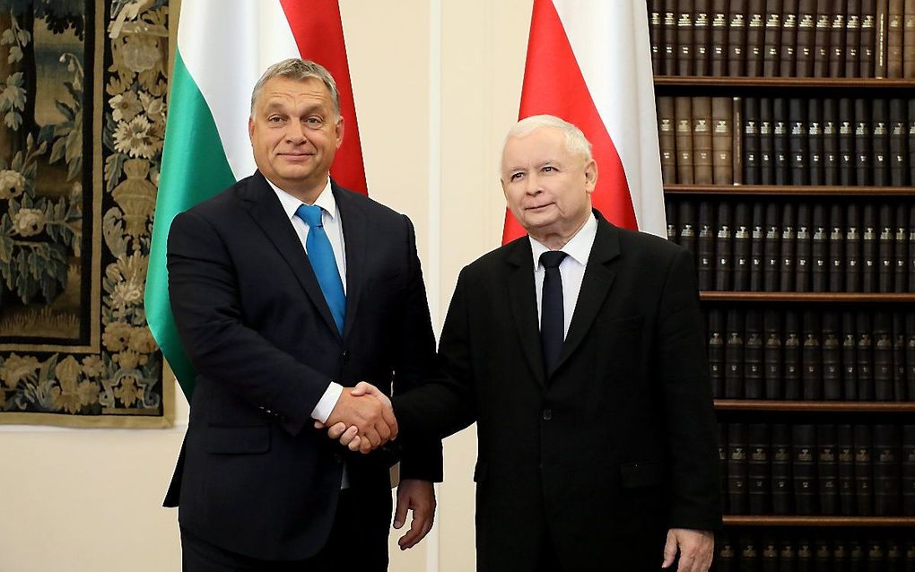 De Poolse premier Jaroslaw Kaczynski en de Hongaarse premier Victor Orbán tijdens een ontmoeting in 2017. beeld EPA, Pawel Supernak