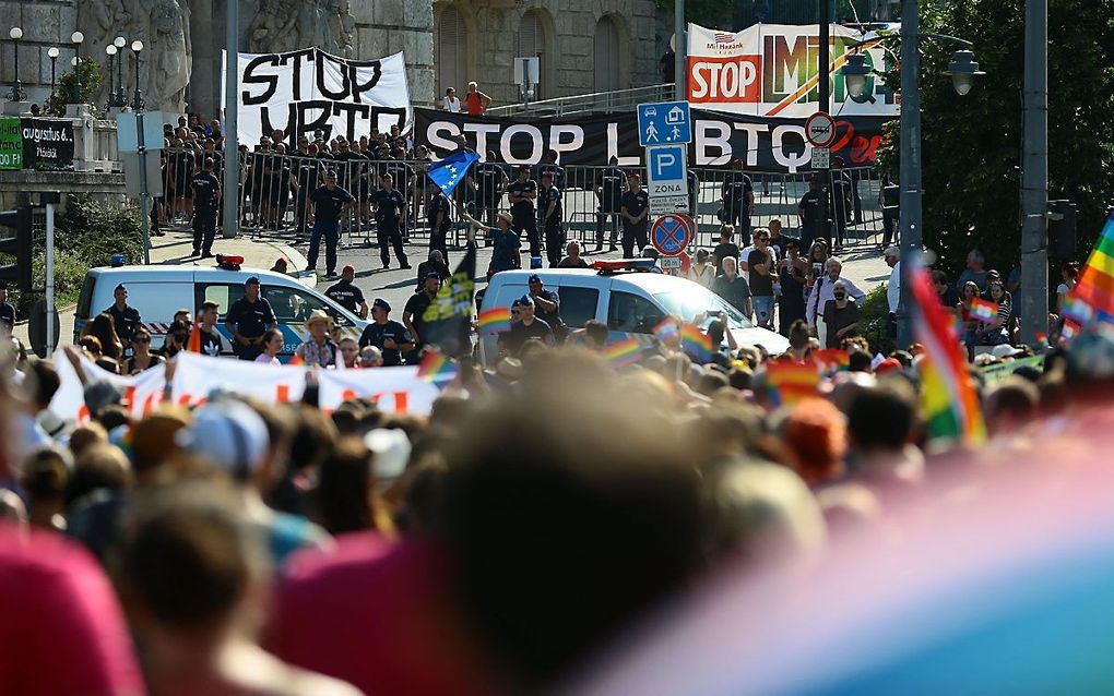 In Budapest vond 24 juli tijdens een gaypride een tegendemonstratie plaats. beeld AFP, Ferenc Isza