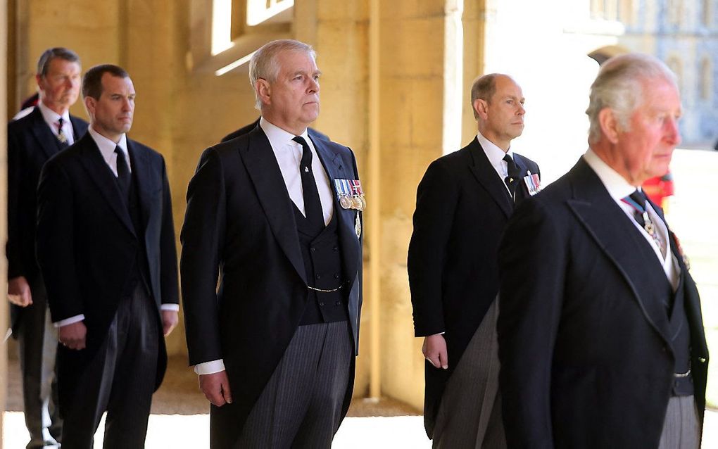 Prins Andrew tjdens de begrafenisceremonie van de Britse prins Philip. beeld AFP, Chris Jackson