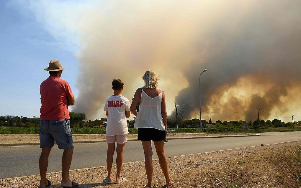 Toeristen kijken bij het Franse Grimaud naar bosbranden. beeld AFP, Nicolas Tucat