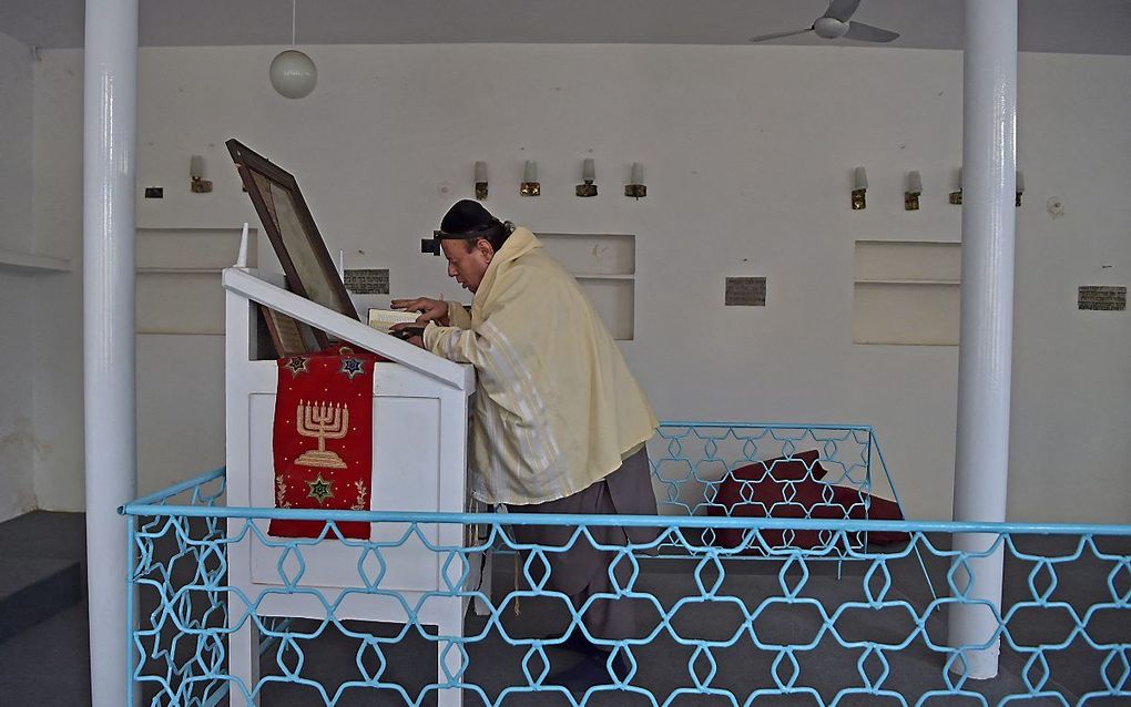 De Afghaanse Jood Zebulon Simentov leest de Torah in de synagoge van Kabul. De foto dateert van 5 april 2021. beeld AFP, Wakil Kohsar