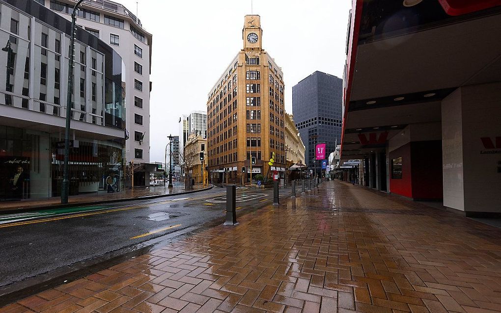 Lege straten tijdens een landelijke covid-19 lockdown in Wellington, Nieuw-Zeeland. beeld AFP, Marty MELVILLE