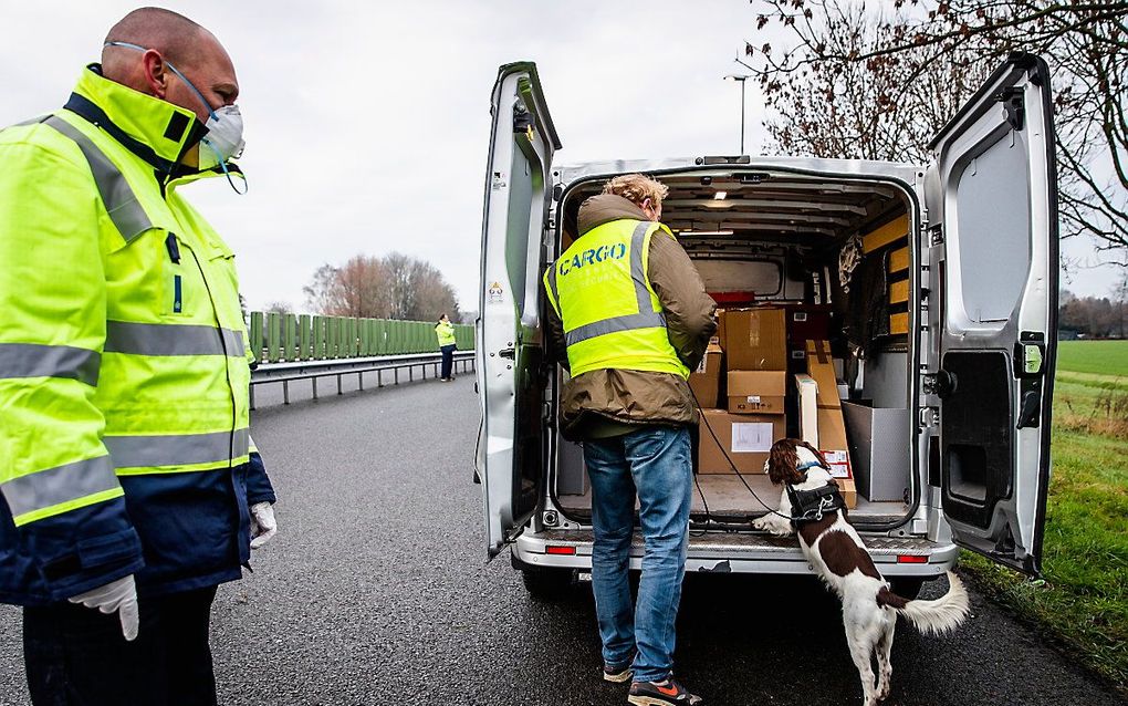 Medewerkers van Inspectie Leefomgeving en Transport gebruiken een vuurwerkhond tijdens een wegcontrole vuurwerk en personenvervoer. beeld ANP Sem van der Wal