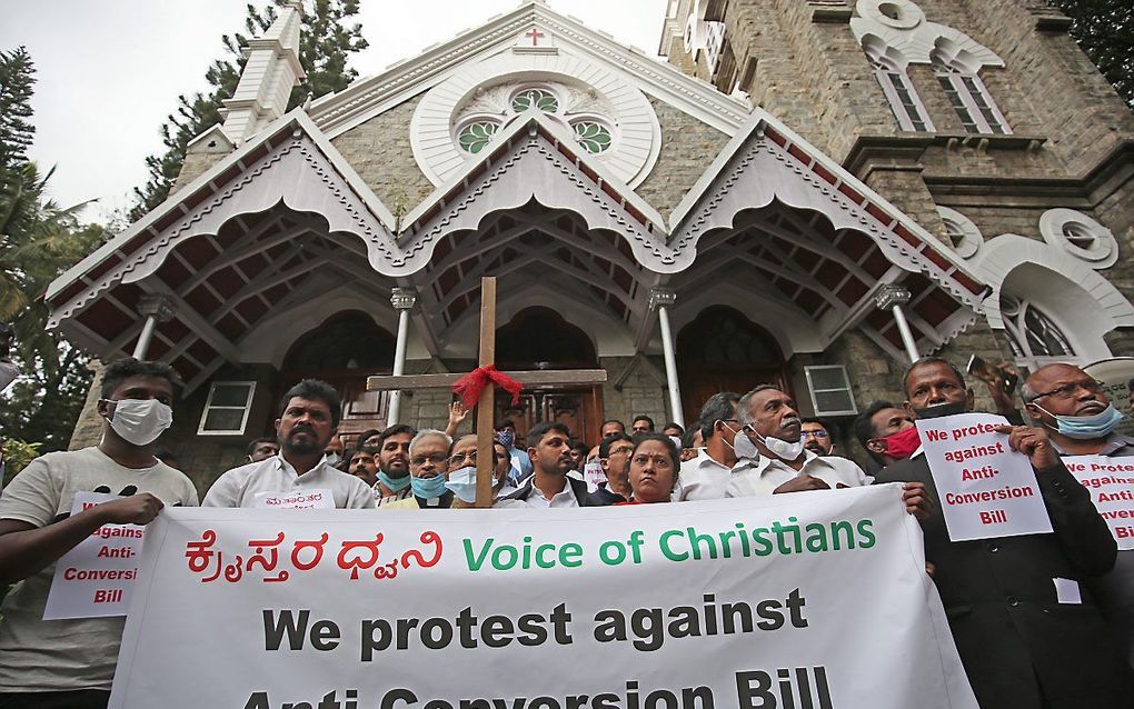 In december protesteerden christenen van "Voice of Christians" tegen het plan van de regering van de Indiase staat Karnataka om een antibekeringswet in te voeren. beeld EPA, Jagadeesh