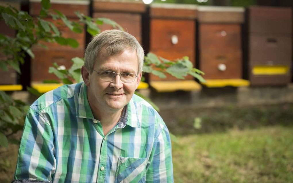 Hobbyimker Henk Kok (52) uit Uddel zorgt nu veertig jaar voor bijen. „Het zijn vriendelijke beestjes.” beeld André Dorst