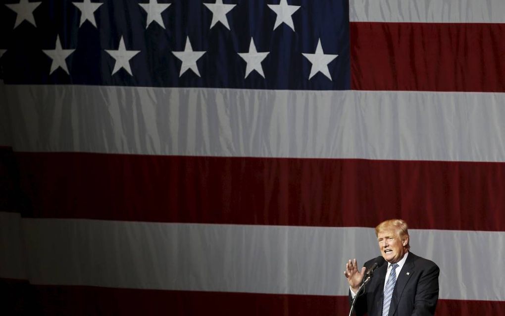 Donald Trump tijdens een toespraak in Westfield, Indiana. Met tegenzin zal hij volgende week op de Republikeinse conventie worden genomineerd. beeld AFP, Tasos Katopodis