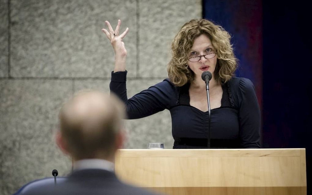 Minister Schippers tijdens een debat in de Tweede Kamer. Op de voorgrond staat SGP-fractievoorzitter Van der Staaij. beeld ANP, Bart Maat