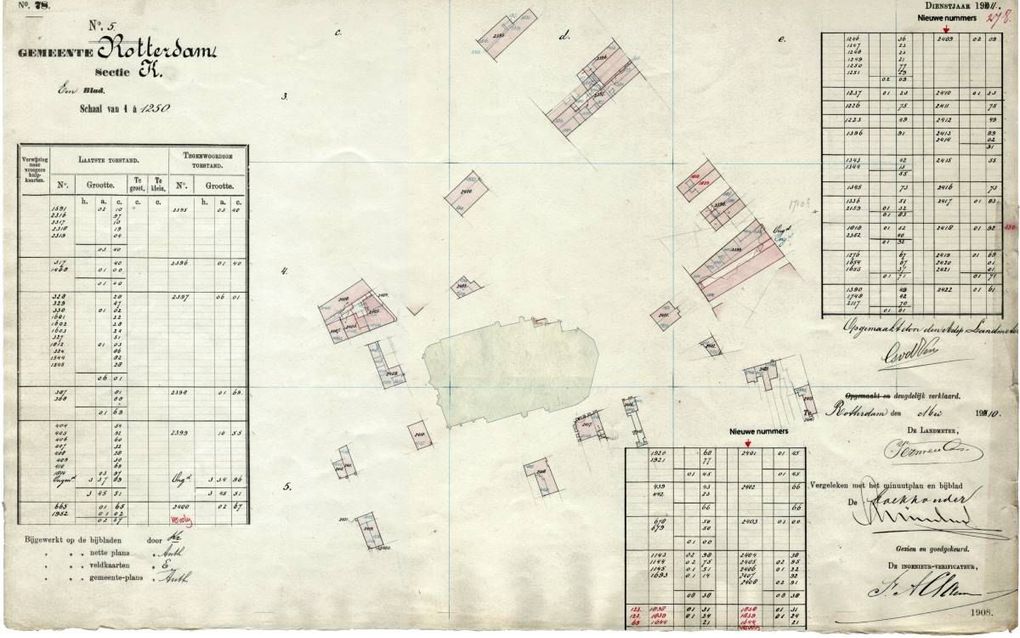 ROTTERDAM. Een hulpkaart van de Laurenskerk en omgeving in hartje Rotterdam, met veranderingen (nieuwbouw, splitsing, vereniging, sloop) die kort voor 1911 plaatshadden. De kerk staat niet op het origineel, maar is ter oriëntering toegevoegd.  beeld René 