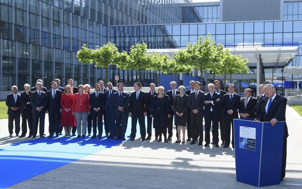 President Trump speechte gisteren tijdens de NAVO-top in Brussel. Hij las hen de les over de zijns inziens te lage bijdragen van 23 van de 28 NAVO-leden aan hun krijgsmacht. beeld AFP, Christophe Licoppe