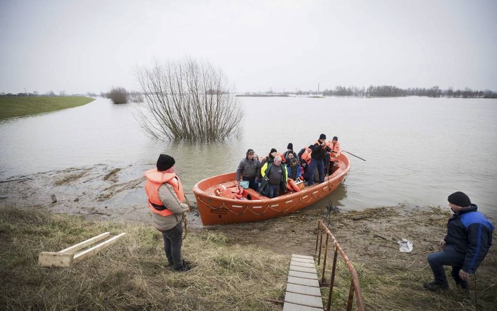 Werknemers van de Wienerberger Steenfabriek bij Echteld, in de Betuwe, worden afgezet op de dijk. Door het hoogwater is de fabriek over de weg niet meer bereikbaar. beeld, ANP Jeroen Jumelet