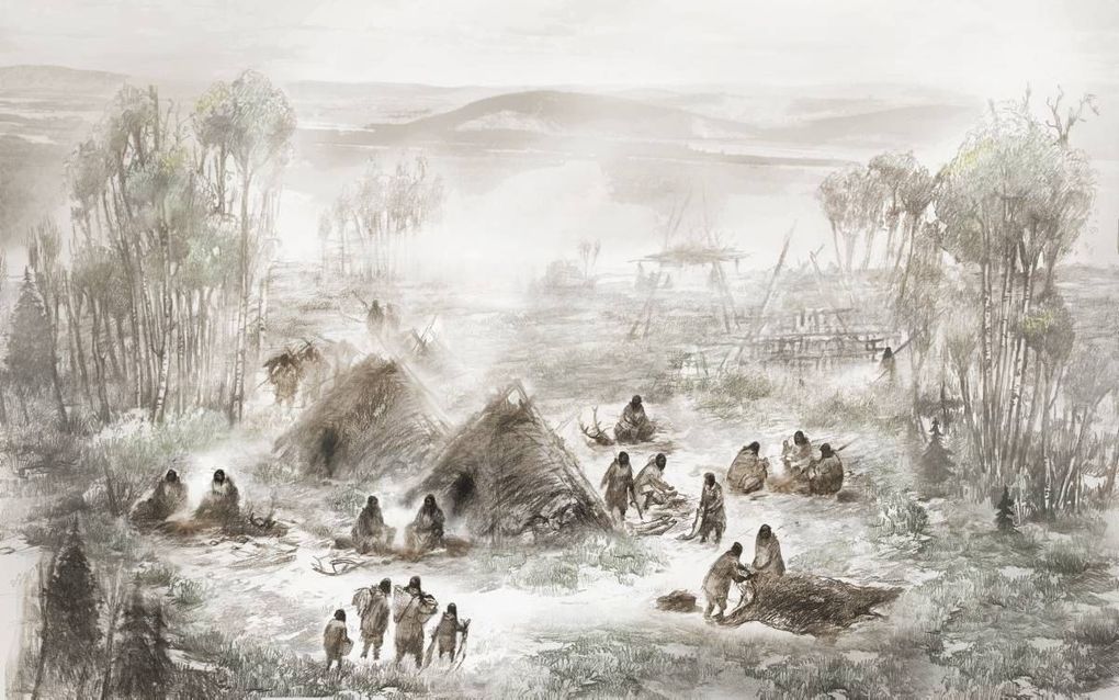 Artist’s impression van een kamp van oer-Amerikanen in Alaska.  beeld Ben A. Potter