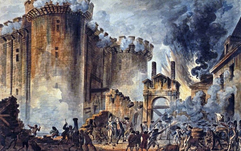 De Bestorming van de Bastille in Parijs, op 14 juli 1789, wordt gezien als het symbolische beginpunt van de Franse Revolutie. Schilderij van Jean-Pierre Houël (1789). beeld Bibliothèque Nationale de France
