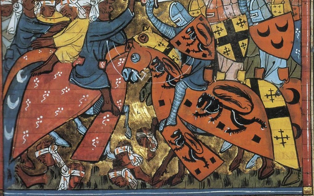Kruisvaarders in gevecht met de Turken, anonieme middeleeuwse illustrator.