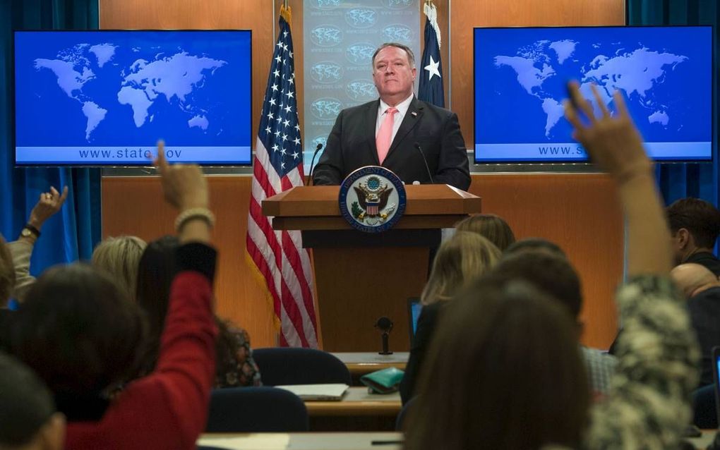 De Amerikaanse minister van Buitenlandse Zaken, Mike Pompeo, tijdens een persconferentie in Washington. beeld AFP, Andrew Caballero-Reynolds