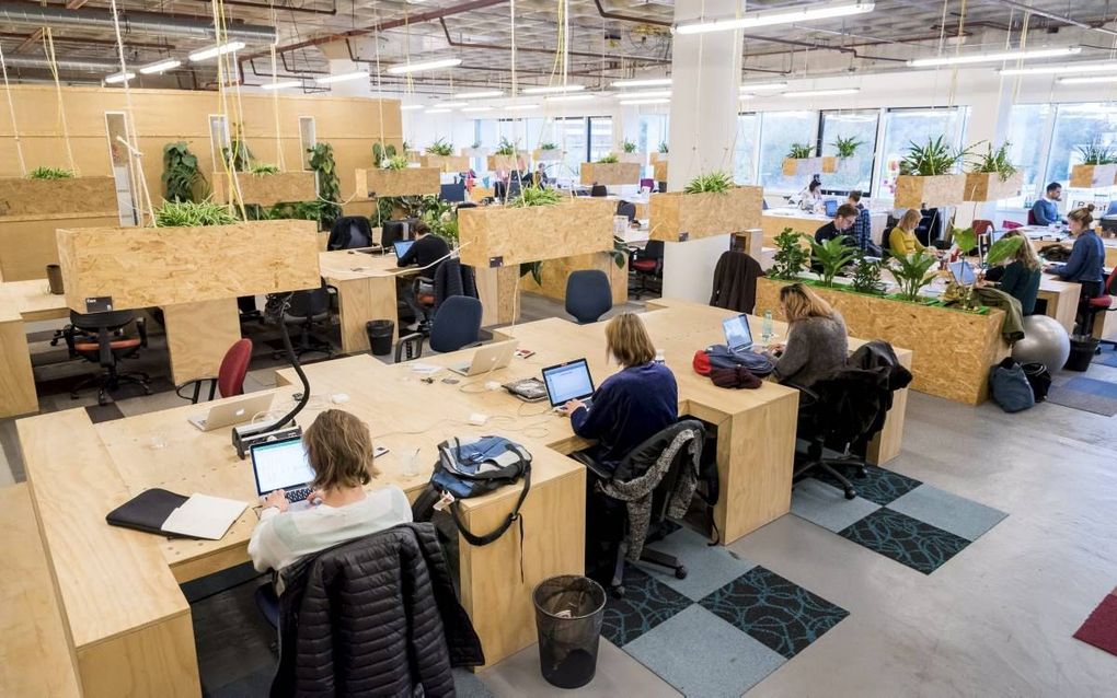 Het kabinet moet het zelfstandigenvraagstuk voortvarend aanpakken, door middel van een arbeidsongeschiktheidsverzekering en pensioenopbouw voor zzp’ers. Foto: zzp’ers aan het werk in een verzamelgebouw in Amsterdam. beeld ANP, Lex van Lieshout