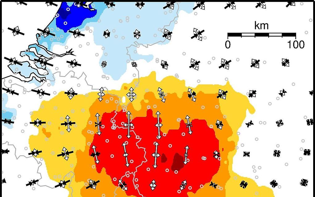 Gps-metingen aan bodembewegingen tonen horizontale en verticale bewegingen aan in Noordwest-Europa . De grootste verticale beweging is gemeten in het vulkanische gebied van in het Eifelgebied.  beeld Corné Kreemer, University of Nevada