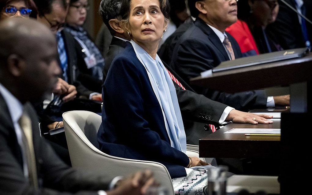 De Myanmarese regeringsleider Aung San Suu Kyi, woensdag in het Vredepaleis in Den Haag. beeld ANP