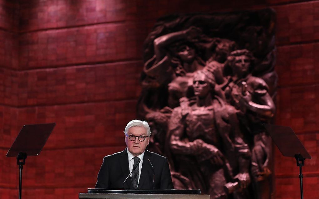 De Duitse president Steinmeijer spreekt tijdens het Holocaust Forum in Jeruzalem. beeld EPA