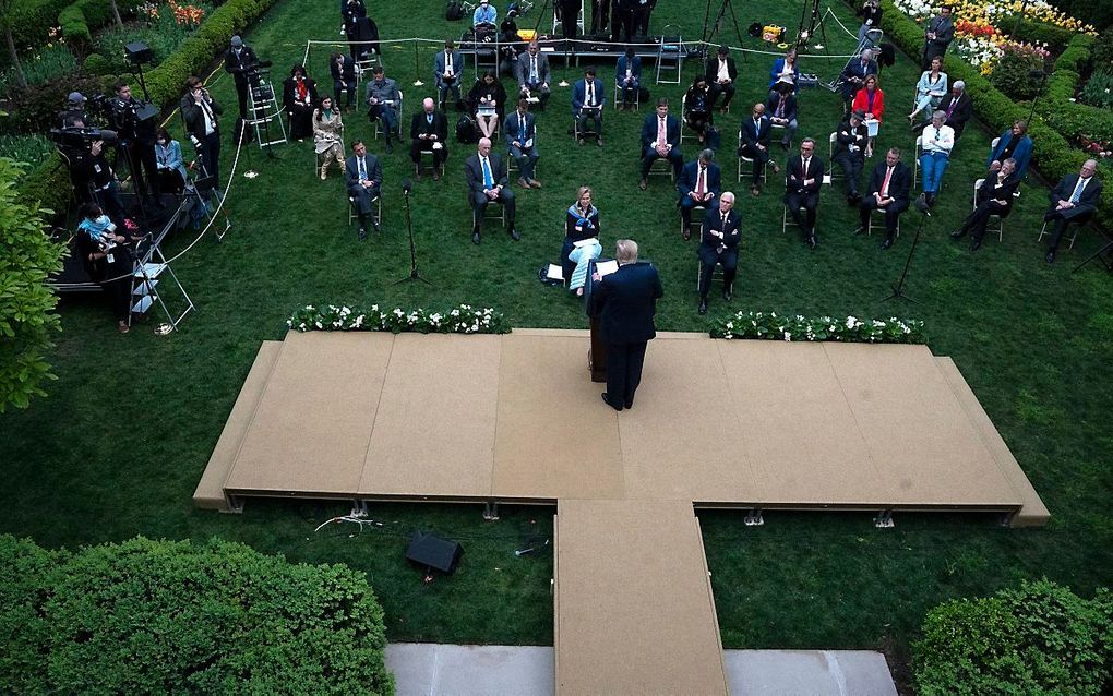 President Trump tijdens zijn persconferentie over de WHO. beeld EPA/Stefani Reynolds