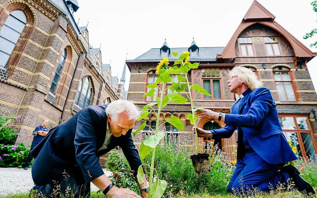 Burgemeester Pieter Broertjes plant samen met pastoor Jules Dresme een Oekraïense zonnebloem bij de Sint Vituskerk. beeld ANP