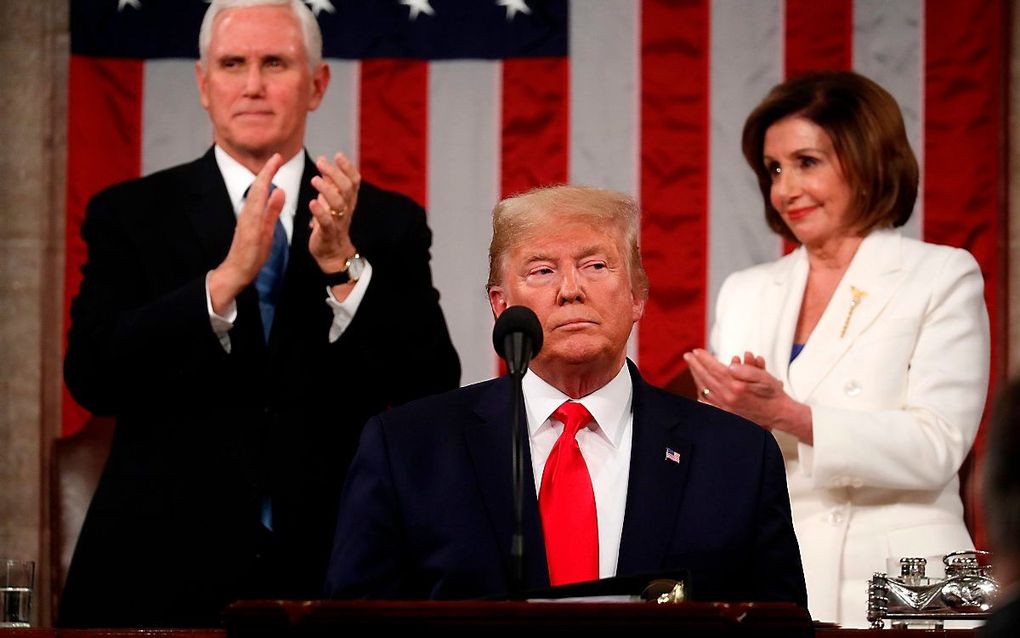 „De vijanden van Amerika zijn op de vlucht, de rijkdom van Amerika neemt toe, de toekomst van Amerika ziet er rooskleurig uit”, aldus de Amerikaanse president Donald Trump. beeld AFP