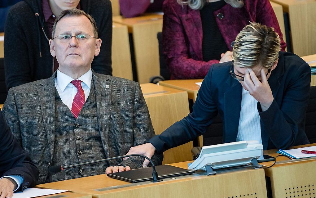 Bodo Ramelow (l.) met naast hem Susanne Hennig-Wellsow, fractievoorzitter van Die Linke in Thüringen. beeld AFP