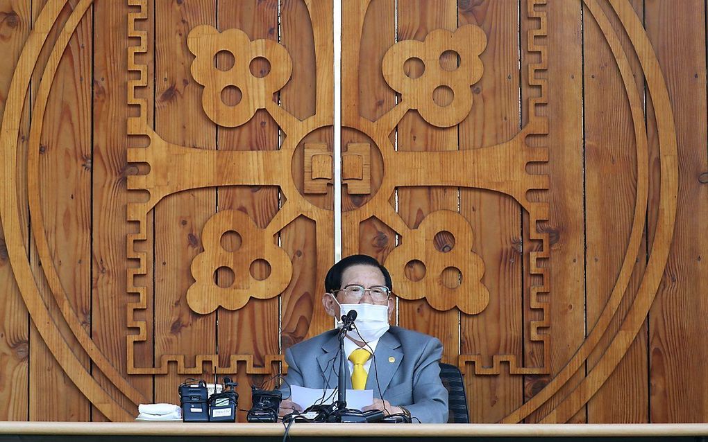 Lee Man-hee, leider van de Shincheonji-kerk, biedt excuses aan voor de rol van de kerk in de verspreiding van het virus. beeld AFP