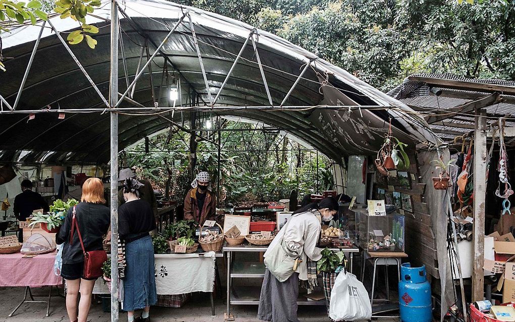 Markt waar lokale producenten hun producten verkopen in Hongkong. De stadsstaat is voor een belangrijk deel afhankelijk van import, waardoor de supermarkten steeds leger worden. beeld AFP, Anthony Wallace