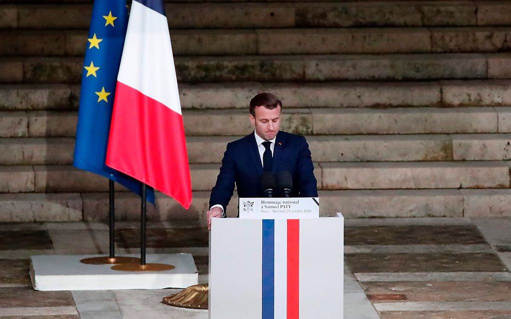 De Franse president Emmanuel Macron tijdens de herdenking van Samuel Paty, woensdag. beeld AFP, François Mori