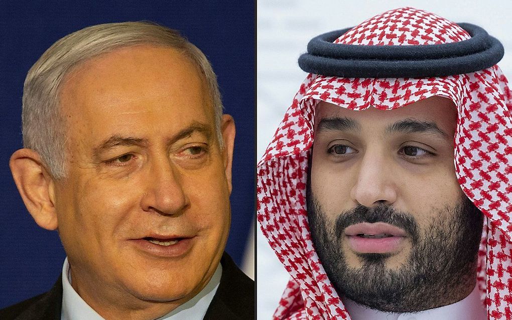 De Israëlische premier Benjamin Netanyahu en de Saudische kroonprins Mohammed bin Salman spraken zondag over de dreiging van Iran. beeld AFP, Saudi Royal Palace