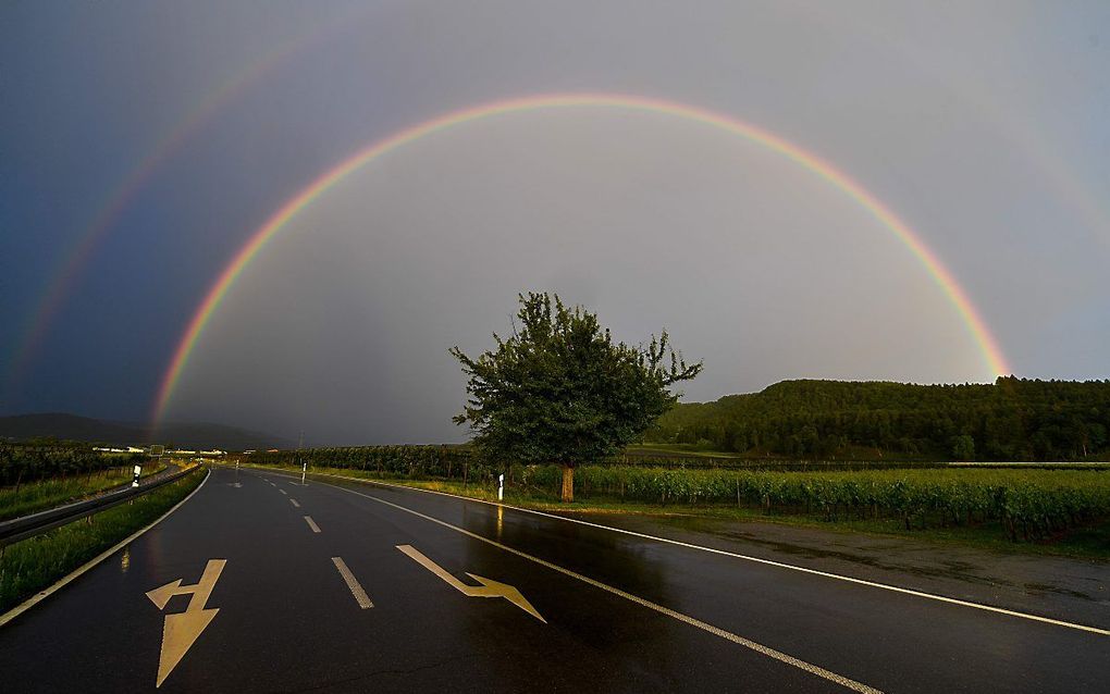 Een dubbele regenboog boven een weg in Zuid-Duitsland. Beeld AFP