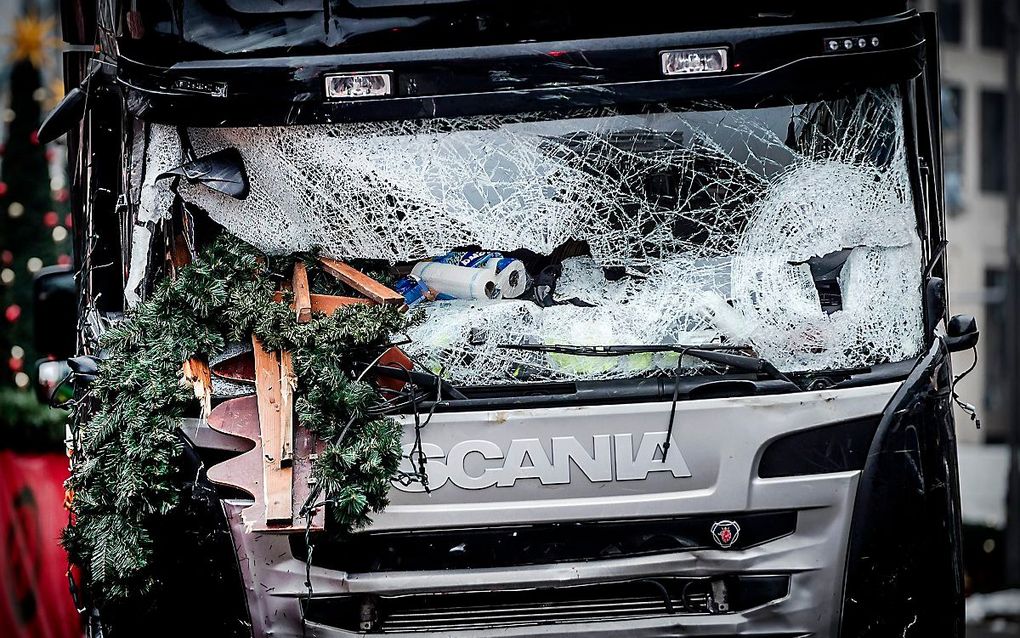 De vrachtwagen die werd gebruikt bij de bloedige aanslag op een kerstmarkt in Berlijn. beeld ANP