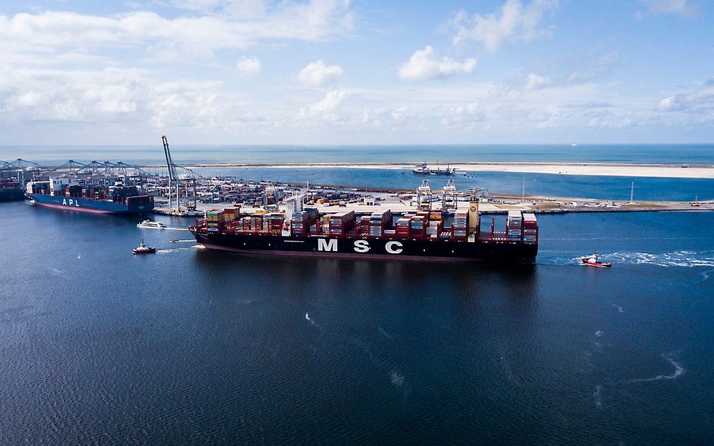 Een containerschip in de haven van Rotterdam. beeld ANP