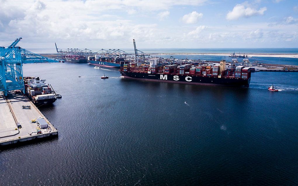 Containerschip MSC Gulsun in de haven van Rotterdam. beeld ANP